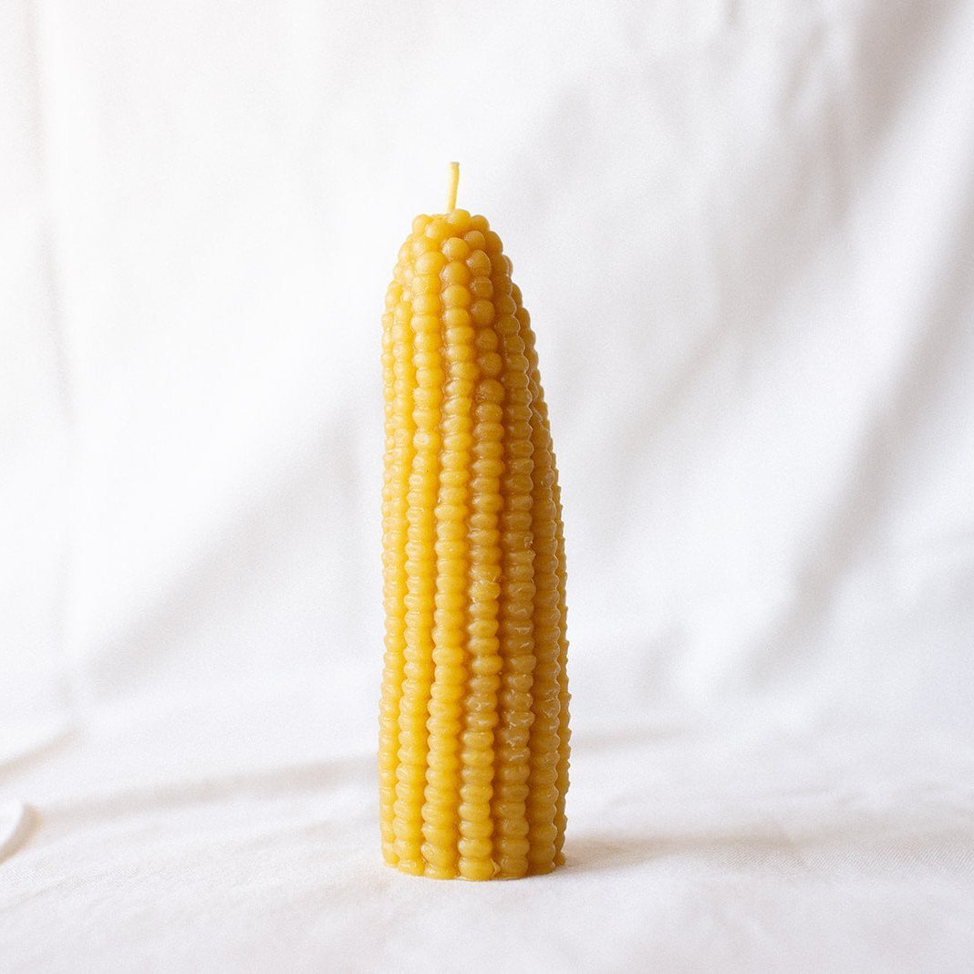 Happy Organics beeswax corn candle as a hostess gift, handmade in Los Angeles