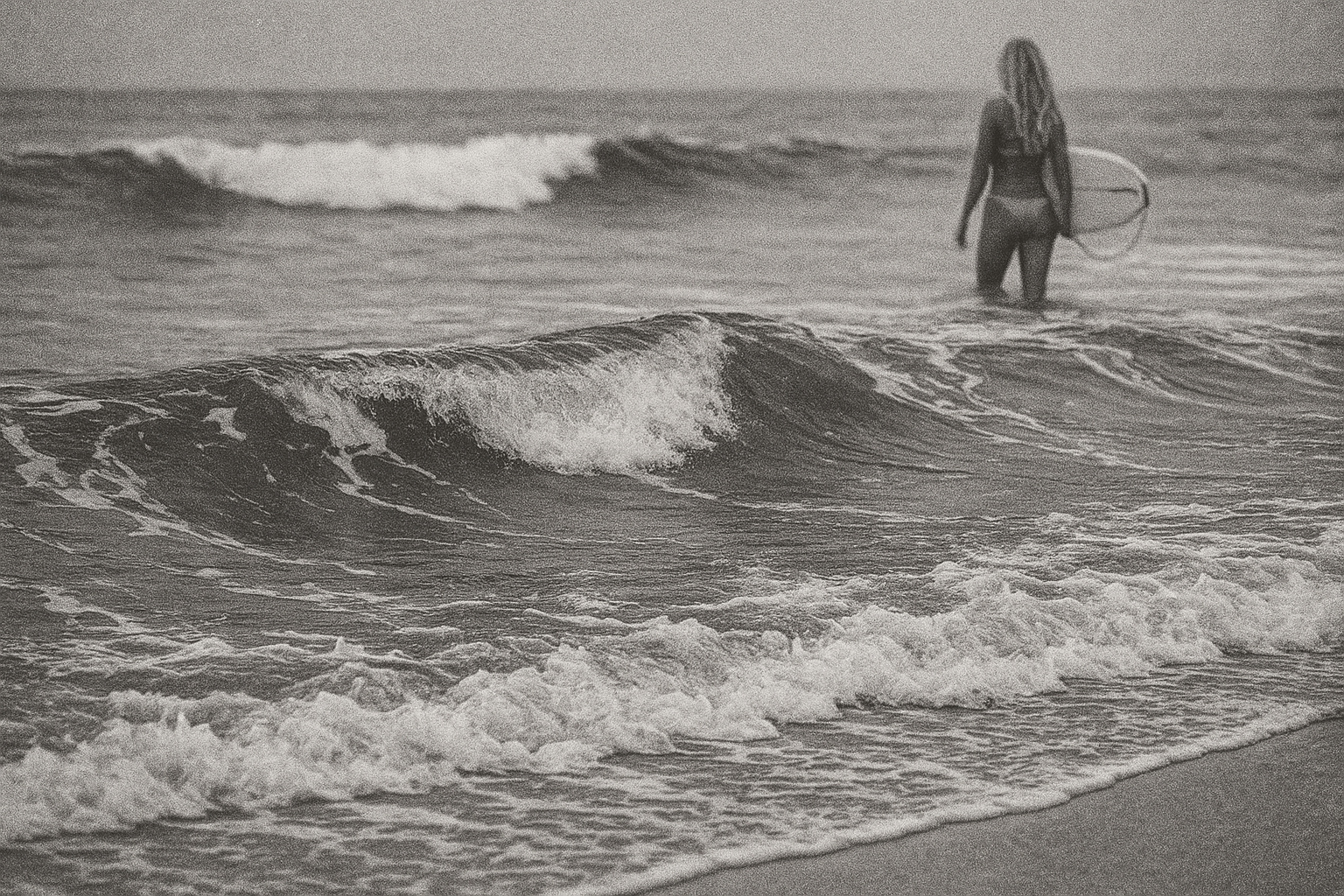 Woman in the ocean in a black and white image- Pirette fragrance for Nanaka.co
