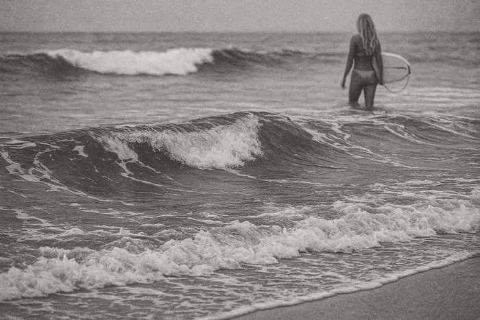 Woman in the ocean in a black and white image- Pirette fragrance for Nanaka.co