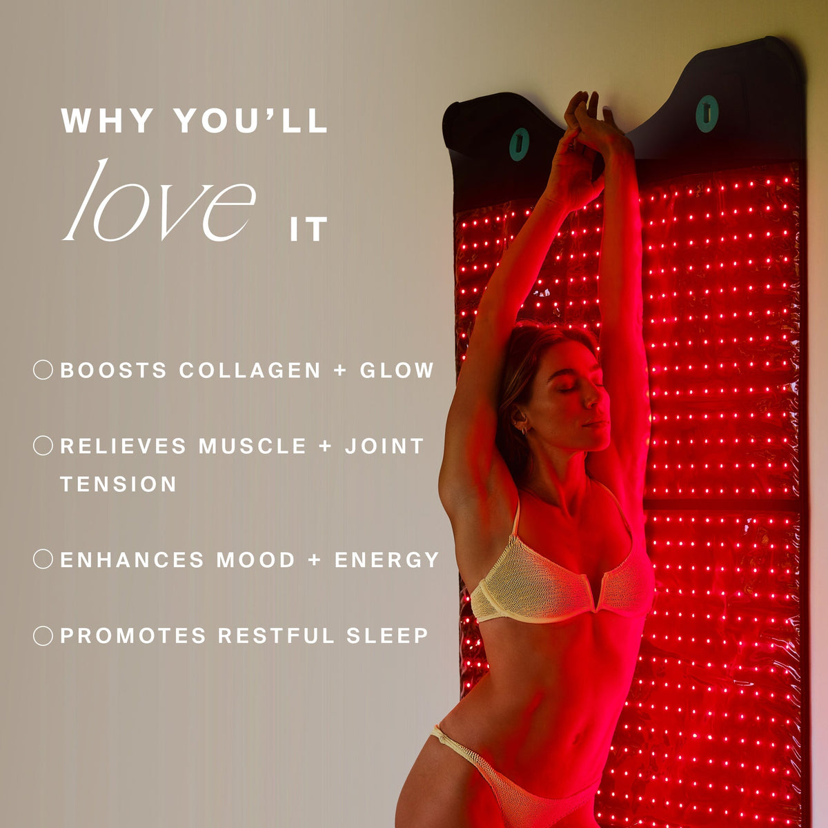 Woman leaning against the HigherDOSE Full Body Red Light Mat with benefits listed: collagen, muscle tension, mood, sleep