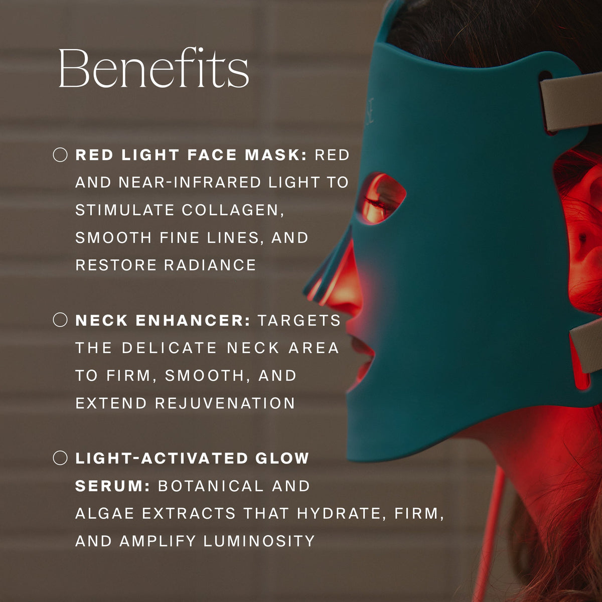 HigherDOSE Red Light Face Mask benefits: collagen, smoother lines, neck firming and the Glow Serum