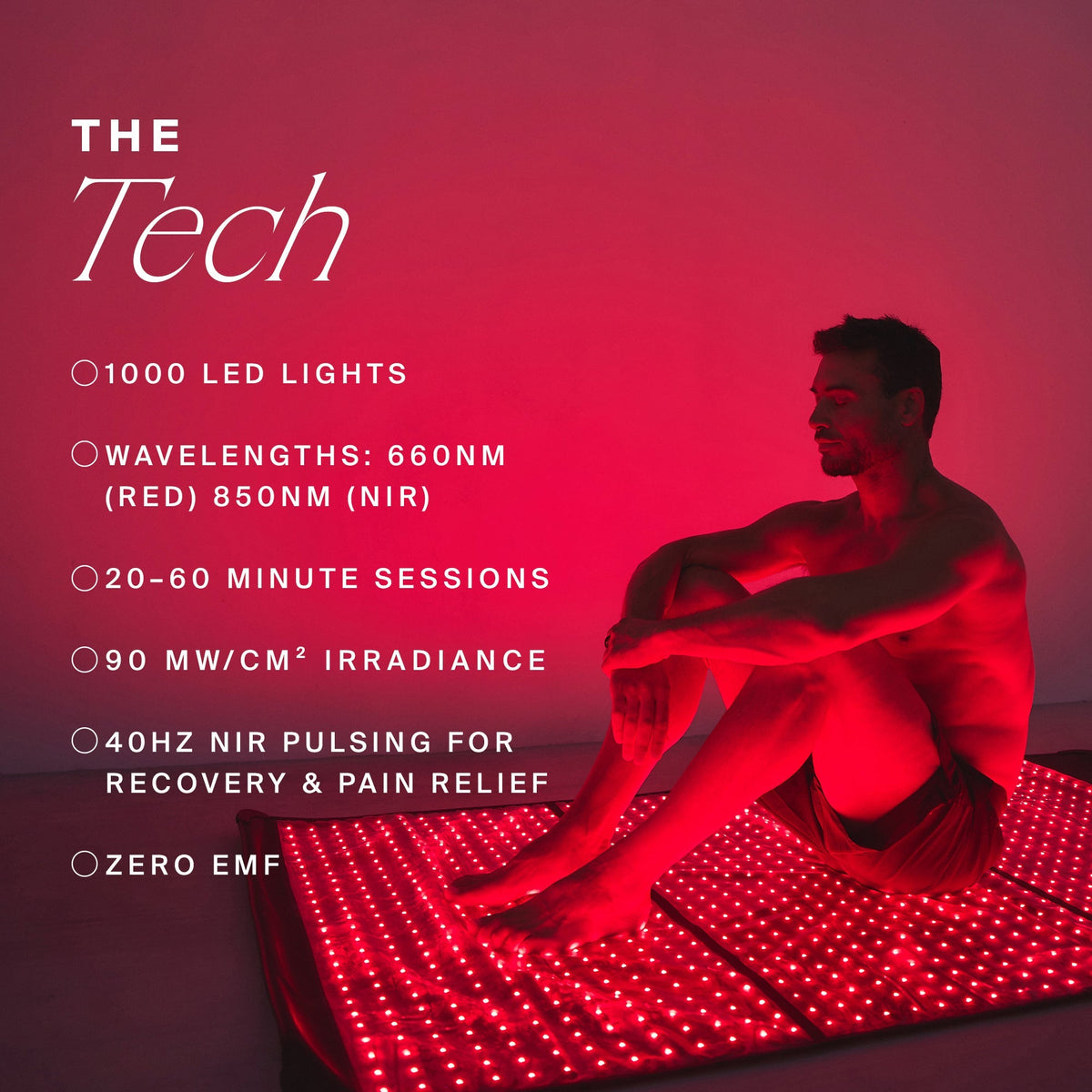 Man sitting on the HigherDOSE Full Body Red Light Mat tech: 1000 LEDs, 660 nm red and 850 nm near-infrared, zero EMF