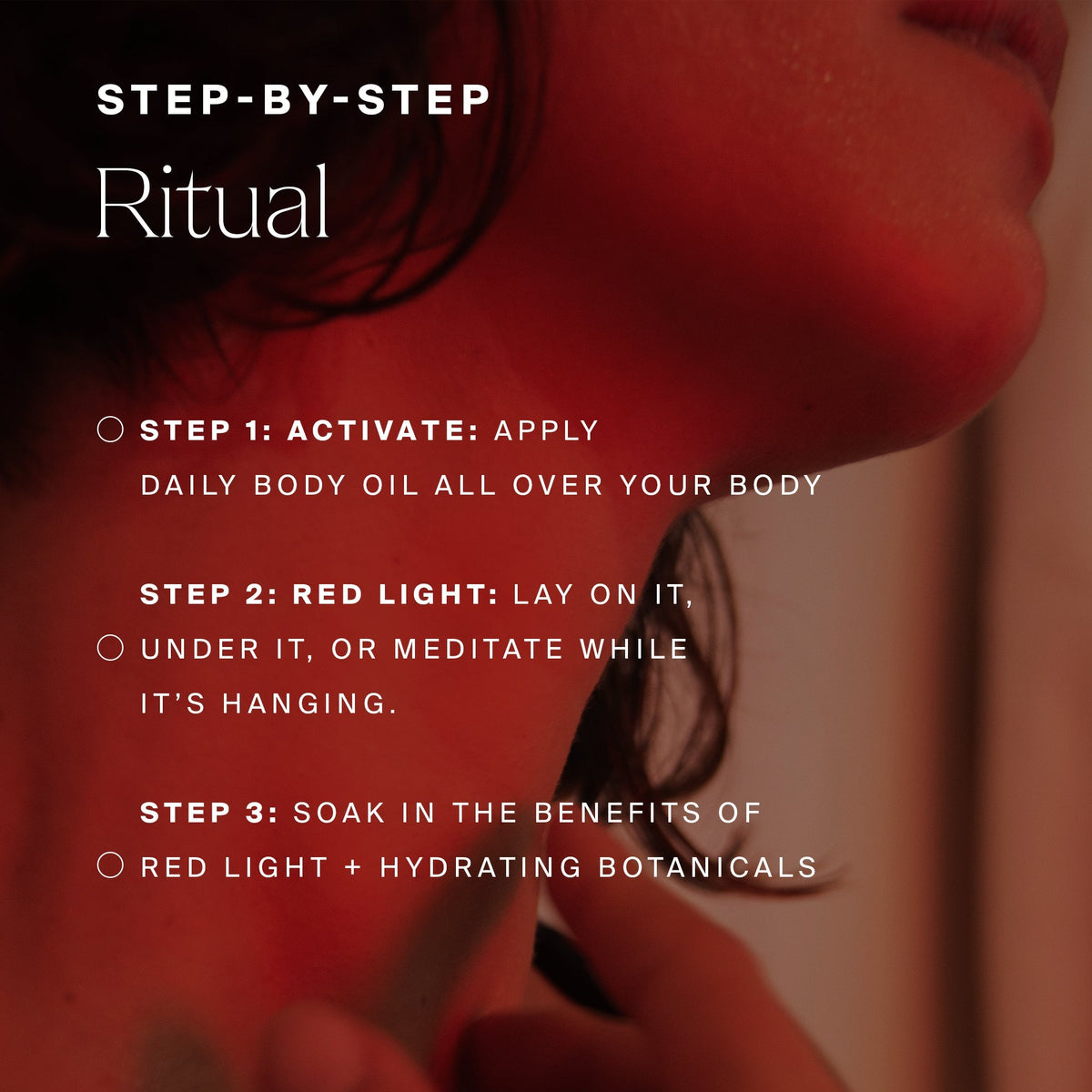HigherDOSE ritual: Daily Body Oil, then red light under or beside the Full Body Mat
