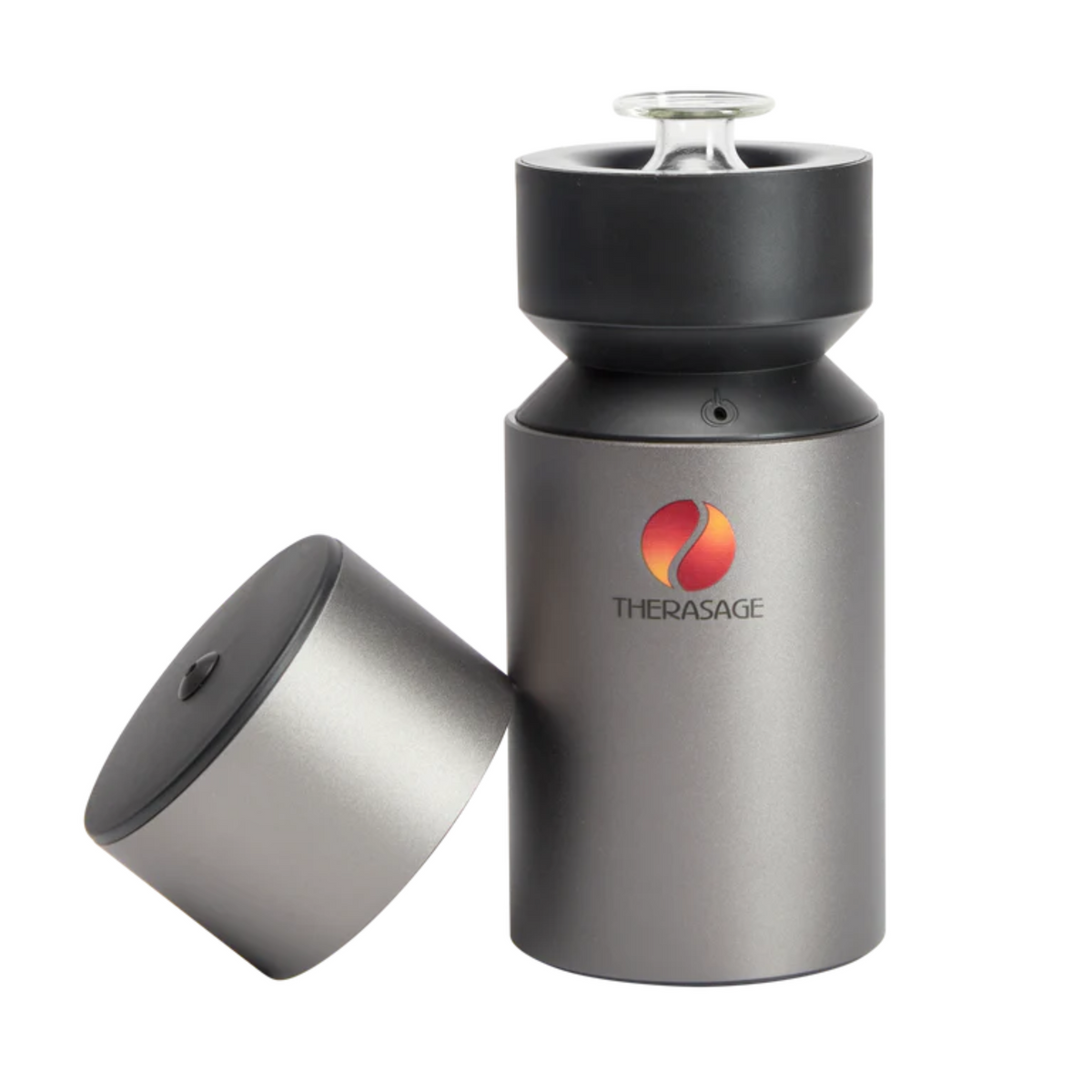 Therasage TherAroma portable atomizer essential oil diffuser in brushed metal with glass top and lid removed