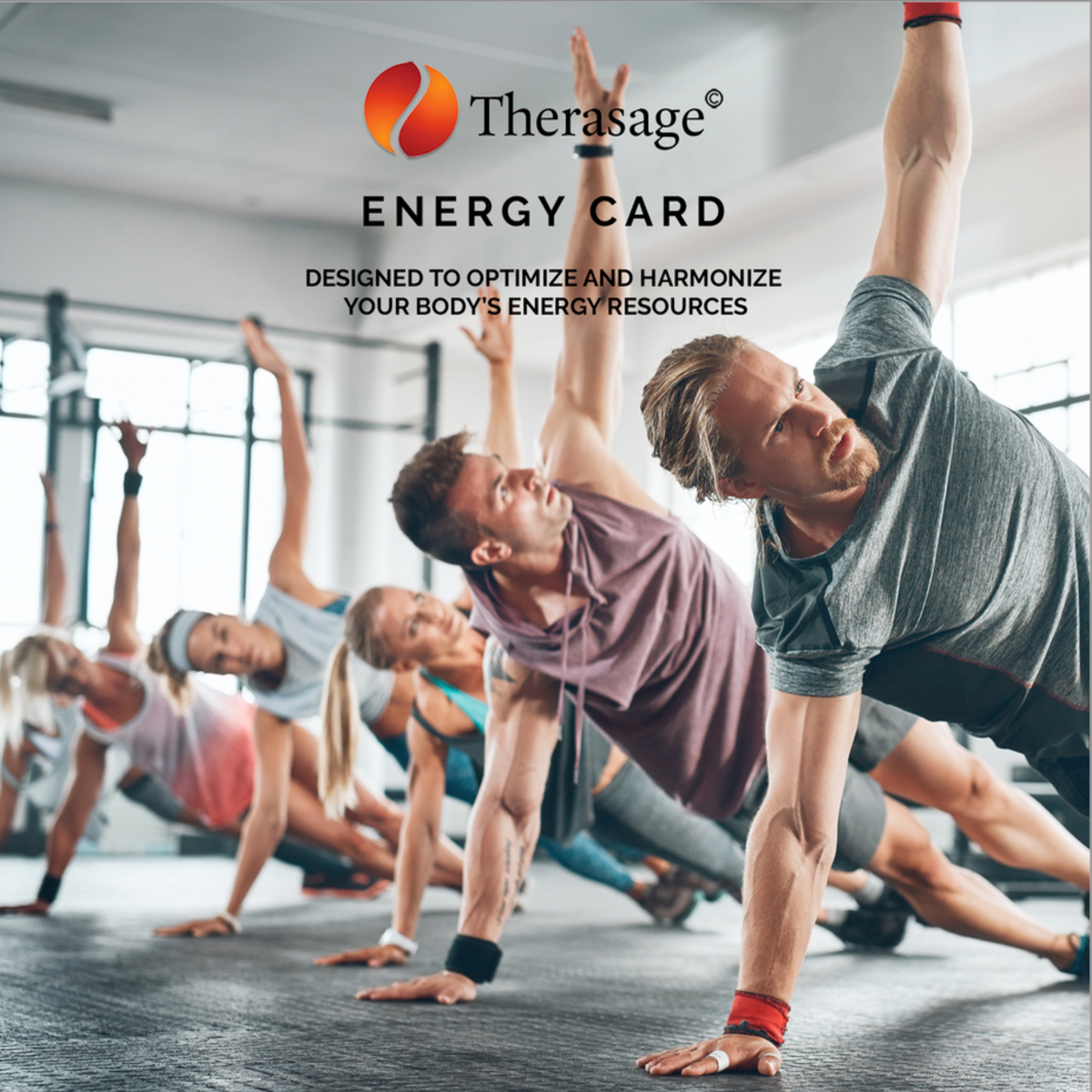 Therasage TheraVibe Energy Card graphic with people exercising on mats