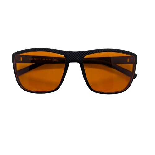 DreamWalkerz Moonwalkerz sleep glasses in matte black with orange lenses, front view