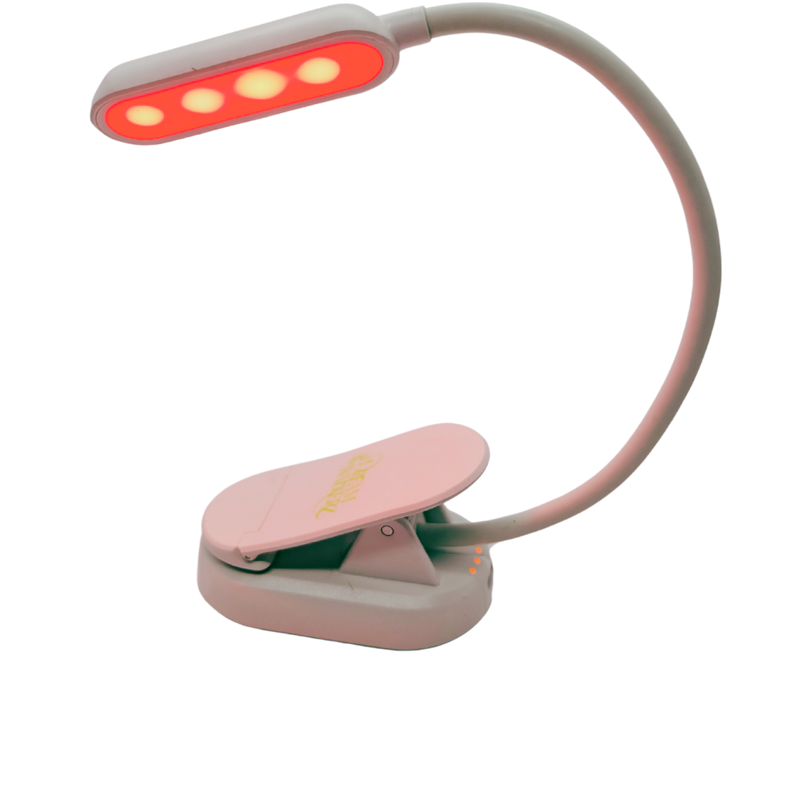 DreamWalkerz Lumina blue light-free clip-on reading lamp glowing red, side view