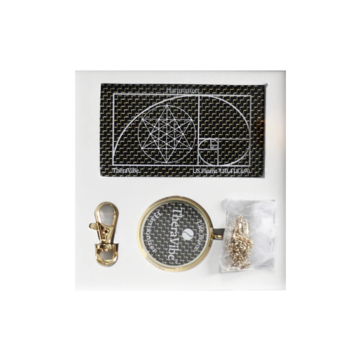 Therasage TheraVibe gift box set with Quantum Card, gold pendant, clasp and chain