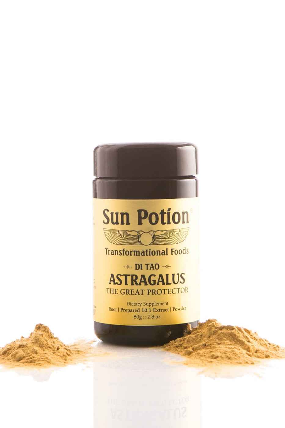 Sun Potion Astragalus jar standing among astragalus powder