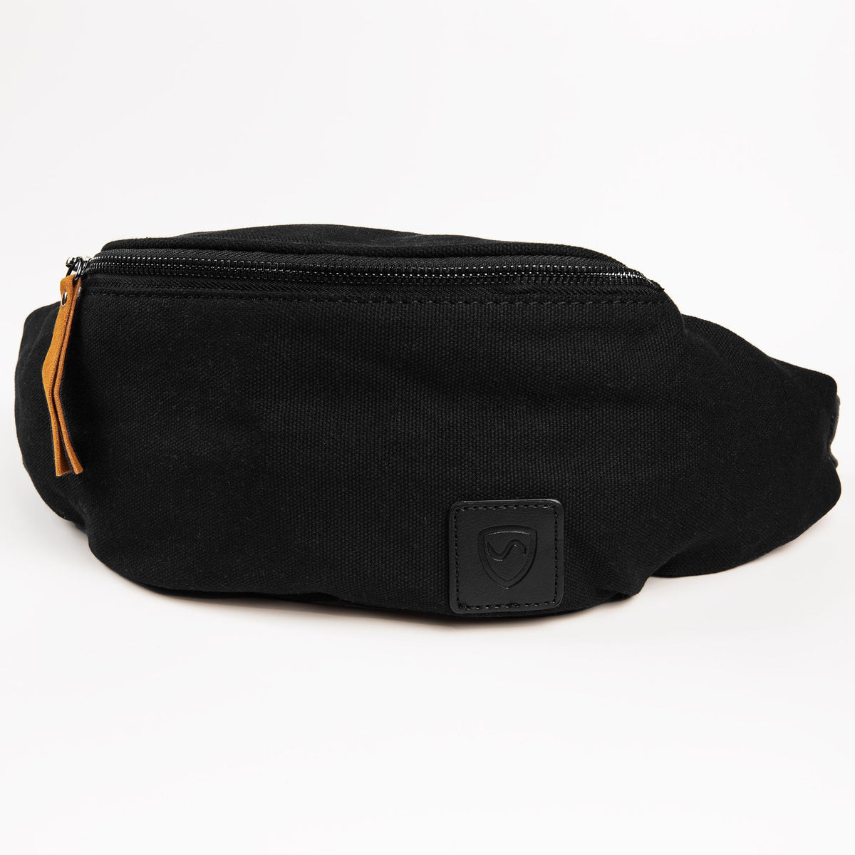 Shield Your Body Canvas Traveler Fanny Pack in black canvas with tan leather zipper pulls