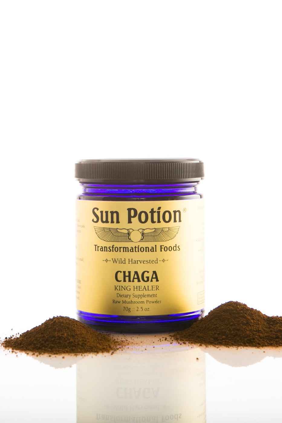 Sun Potion Chaga jar standing among piles of dark chaga powder