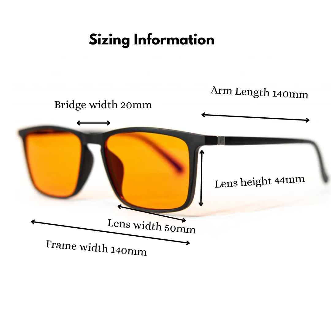 DreamWalkerz Men in Black Nighttime sizing: bridge 20mm, lens width 50mm, lens height 44mm, arm 140mm, frame 140mm