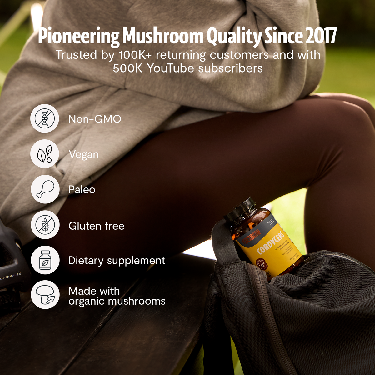 FreshCap Mushrooms Cordyceps Capsules: pioneering mushroom quality since 2017, non-GMO, vegan, paleo, gluten free
