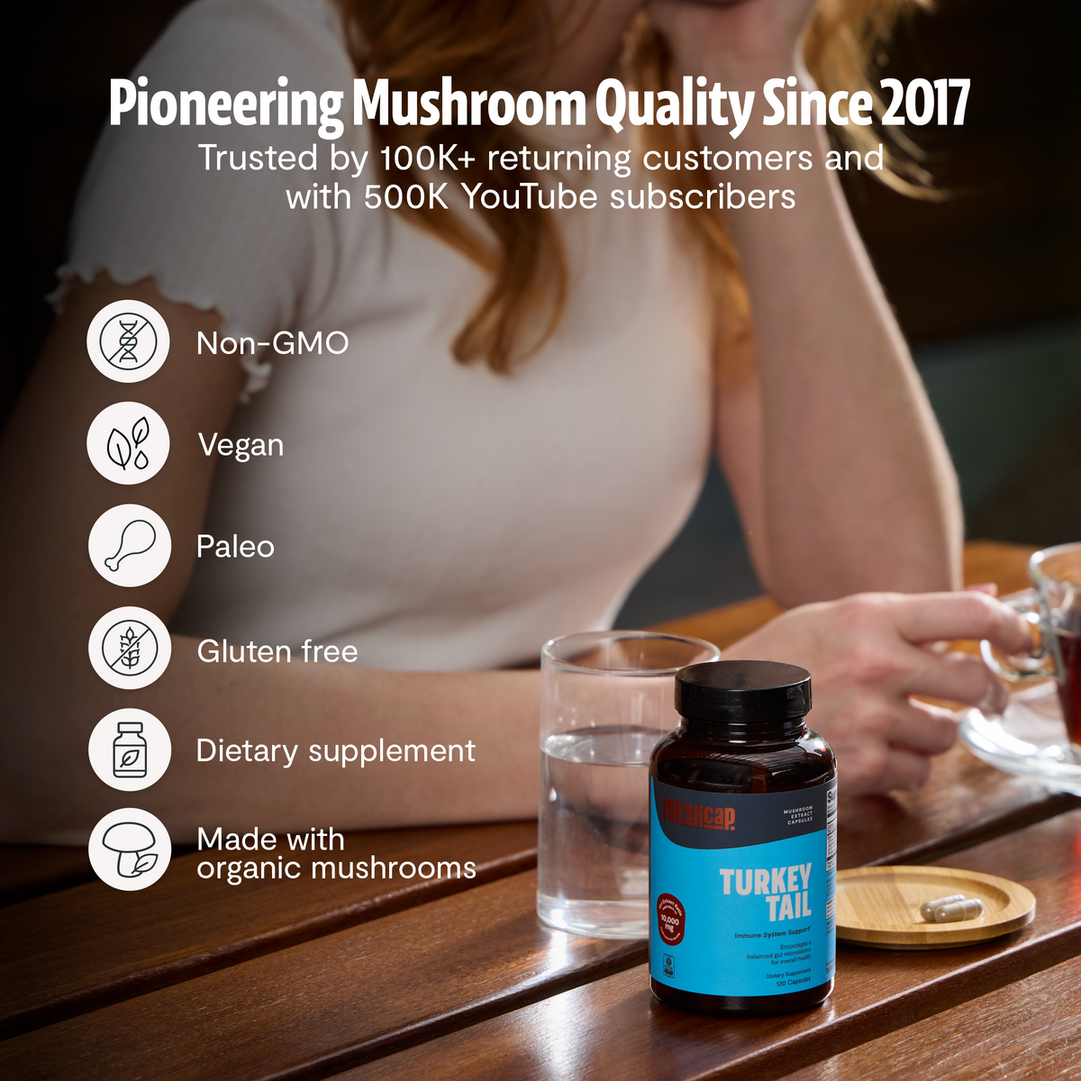FreshCap Mushrooms Turkey Tail Capsules: pioneering mushroom quality since 2017, non-GMO, vegan, paleo, gluten free