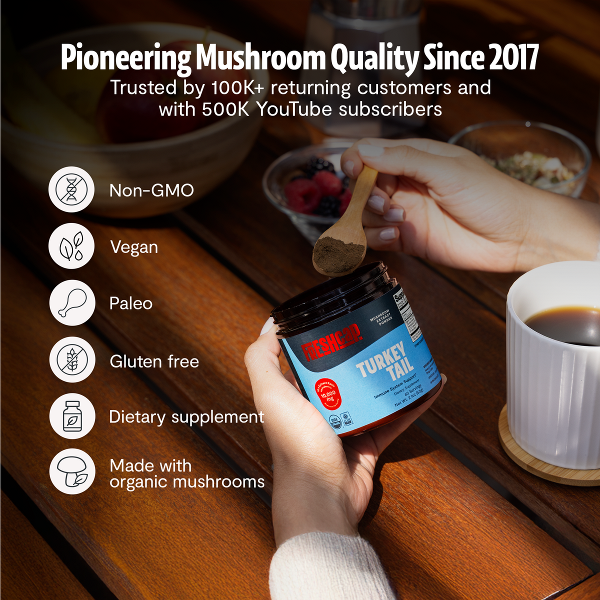 FreshCap Mushrooms Turkey Tail Powder: pioneering mushroom quality since 2017, non-GMO, vegan, paleo, gluten free, 2nd view