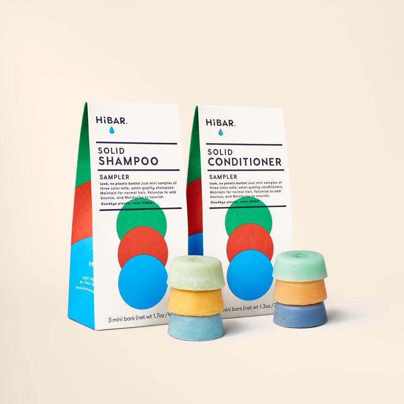 HiBAR Shampoo & Conditioner Sampler Set: shampoo and conditioner sampler boxes with colorful mini bars