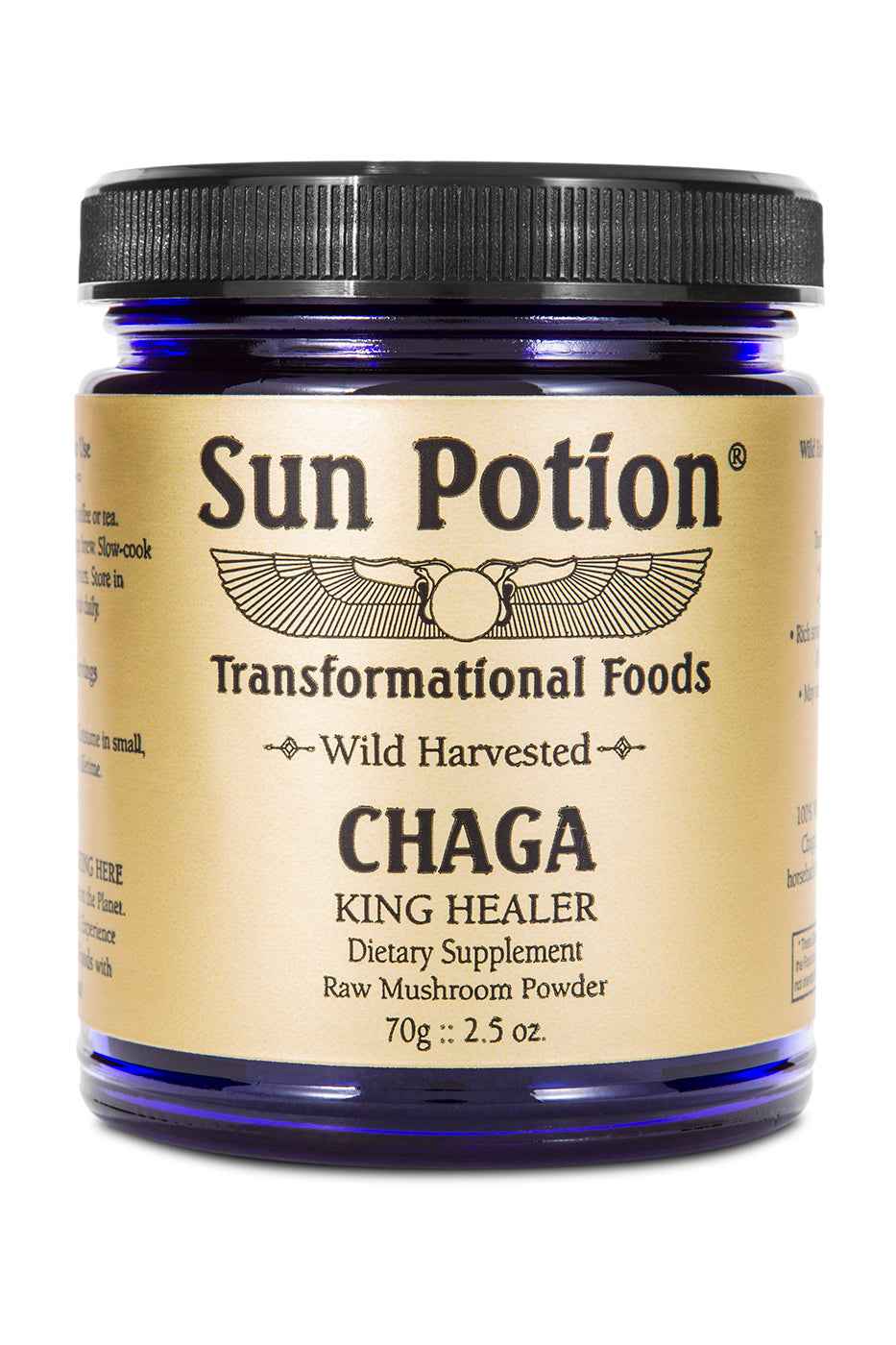 Sun Potion Wild Harvested Chaga jar, king healer, 70 g raw mushroom powder, front view