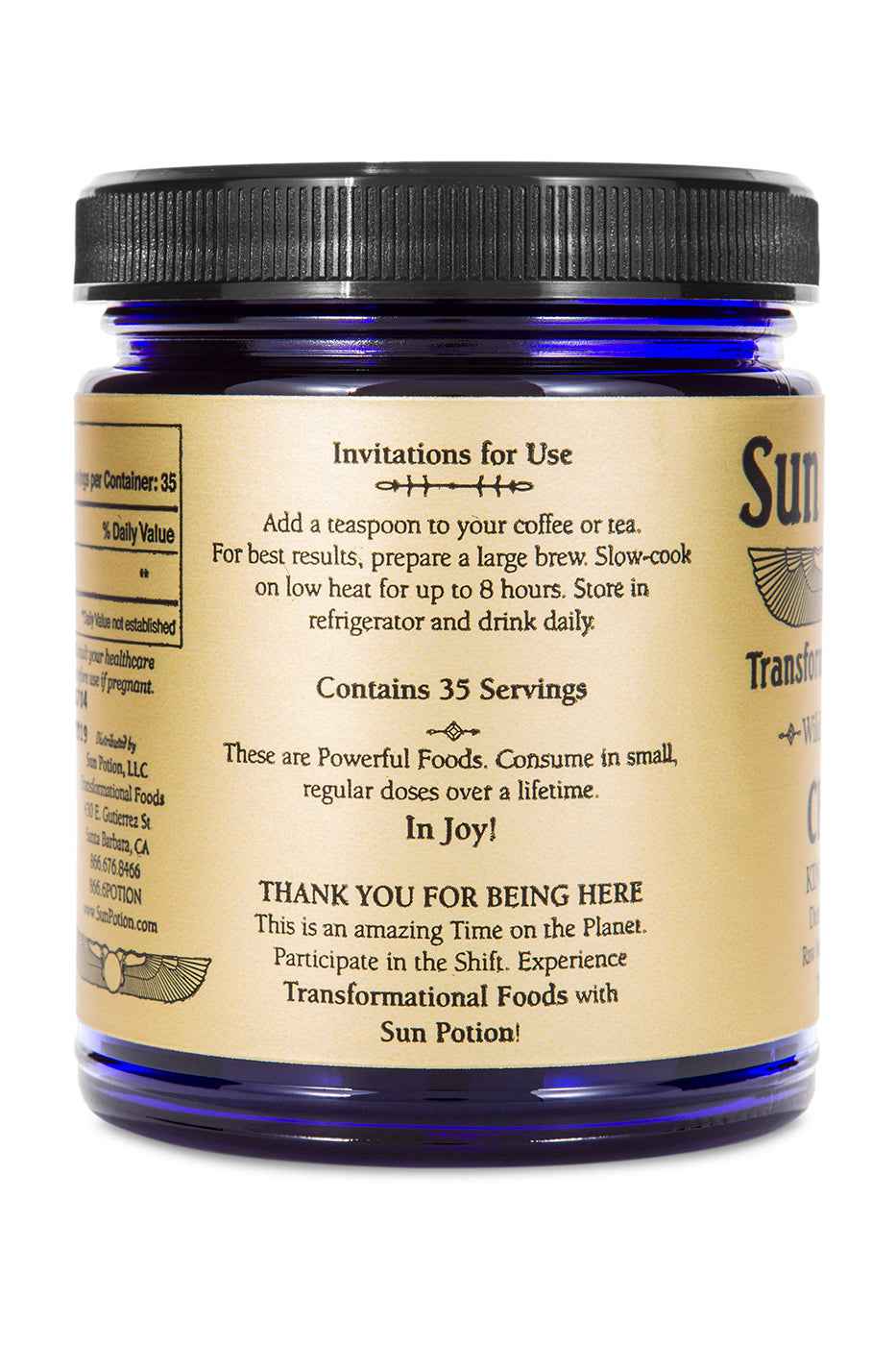 Back of the Sun Potion Chaga jar with invitations for use, 35 servings