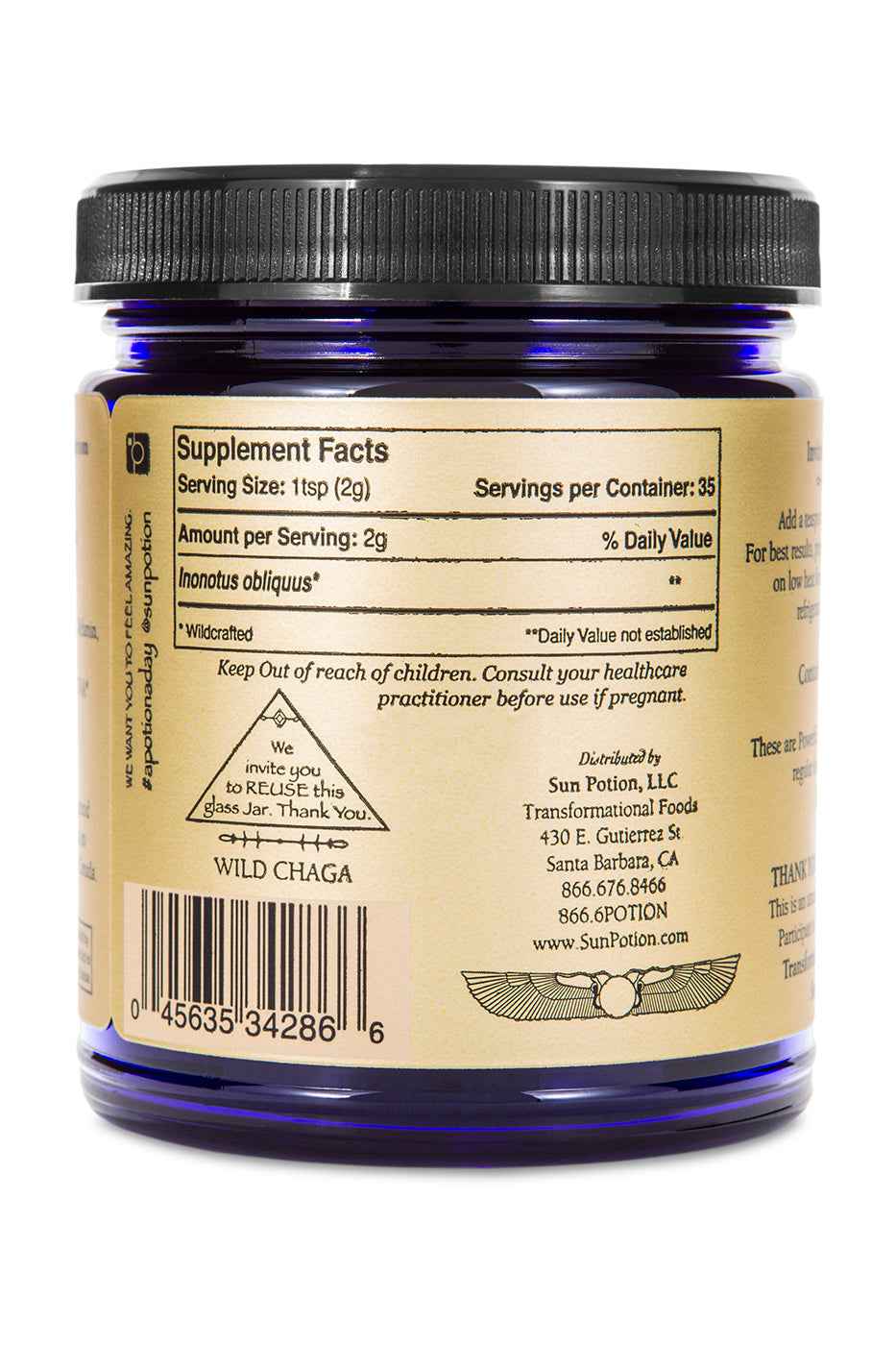 Back of the Sun Potion Chaga jar with supplement facts and barcode