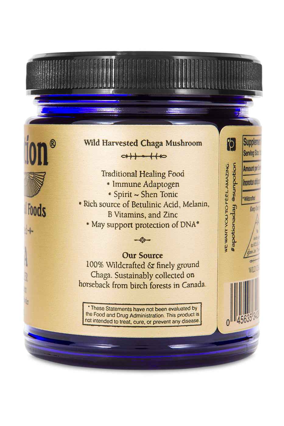 Back of the Sun Potion Chaga jar with its traditional healing food description and Our Source