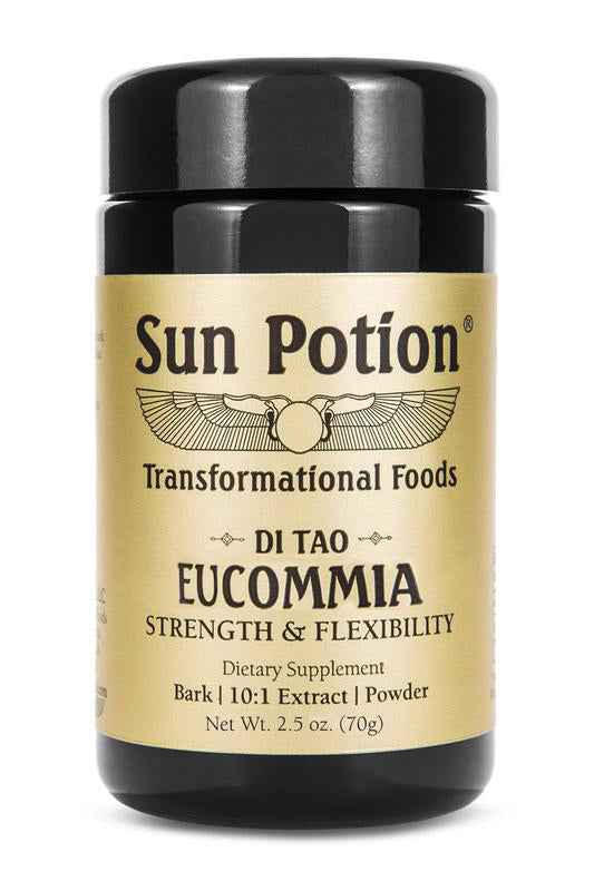 Sun Potion Di Tao Eucommia jar for strength and flexibility, 2.5 oz bark powder, front view