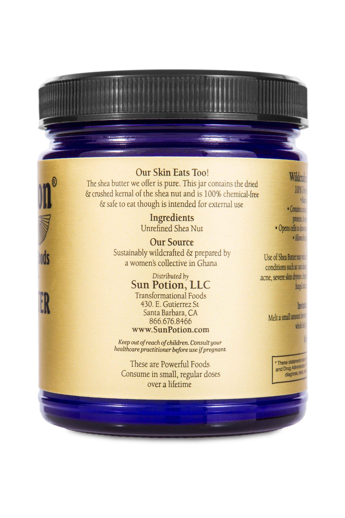 Back of the Sun Potion Shea Butter jar with ingredients and Our Source