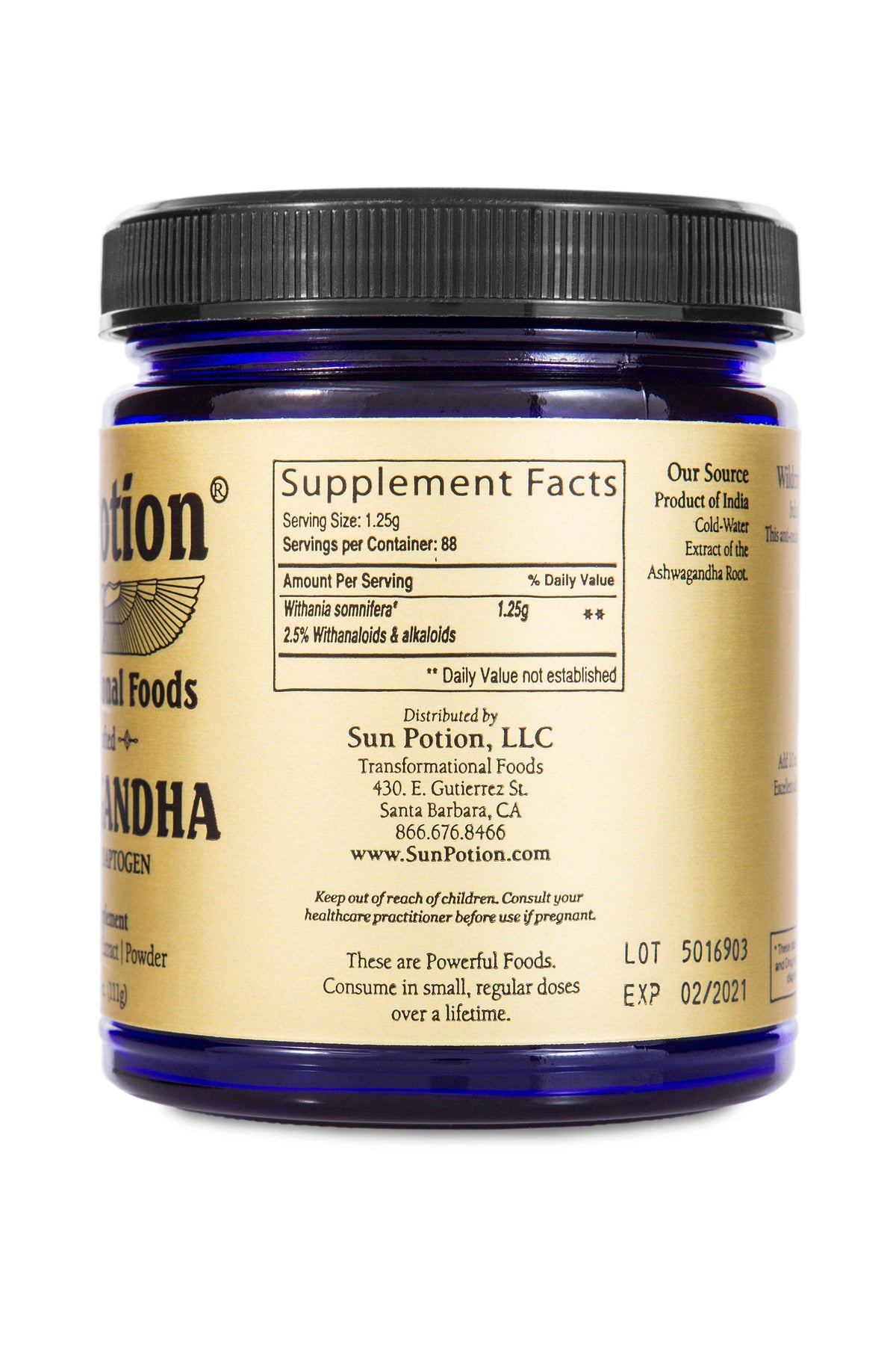 Back of the Sun Potion Ashwagandha jar with supplement facts and distributor information