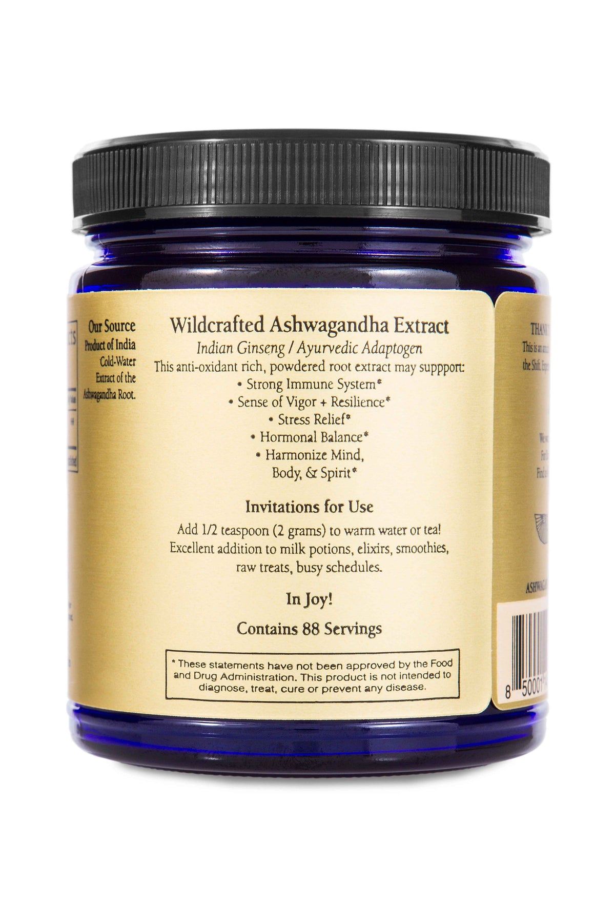 Back of the Sun Potion Ashwagandha jar with invitations for use, 88 servings