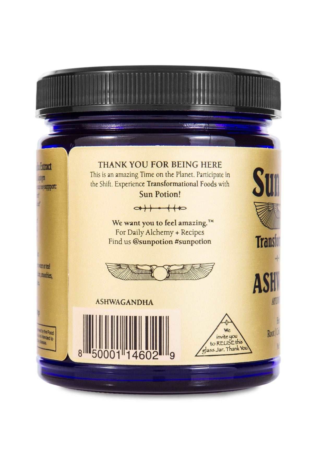 Back of the Sun Potion Ashwagandha jar with the thank-you note and barcode