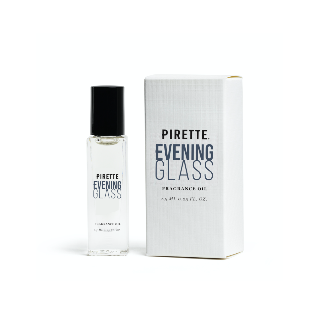 Pirette Evening Glass fragrance oil bottle and packaging on a white background