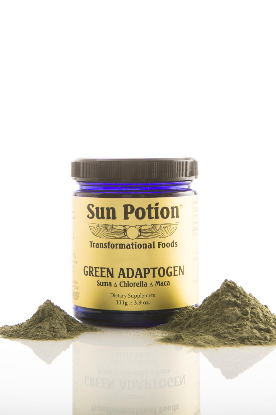 Sun Potion Green Adaptogen jar standing among piles of green powder