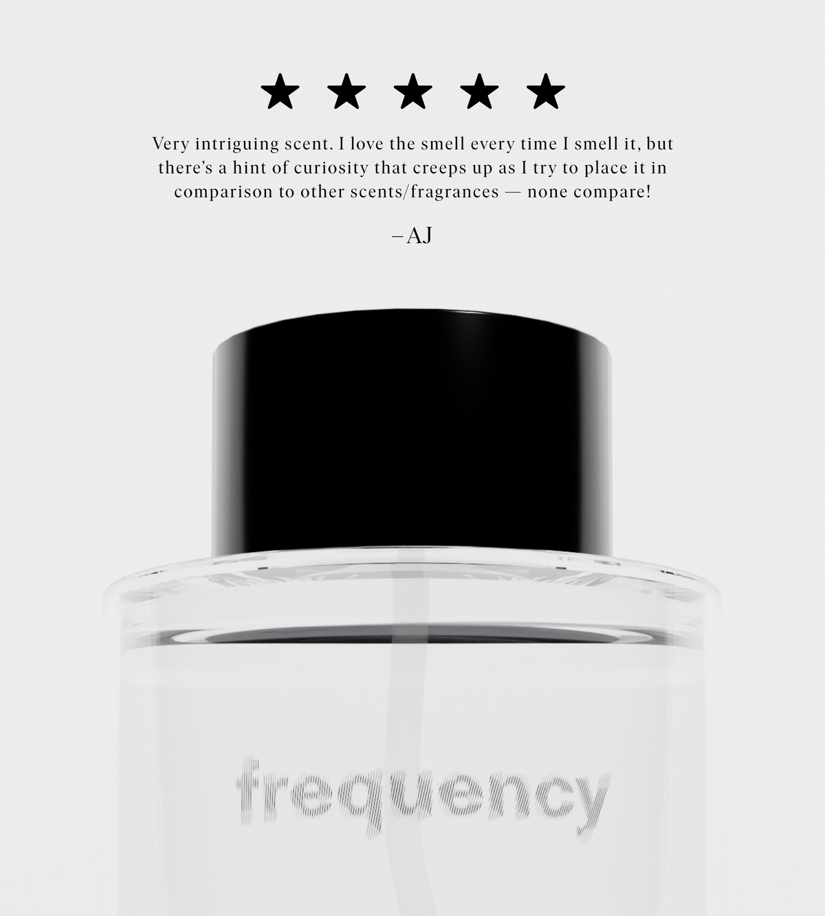 Five-star customer review of Jack Henry Frequency above a close-up of the bottle