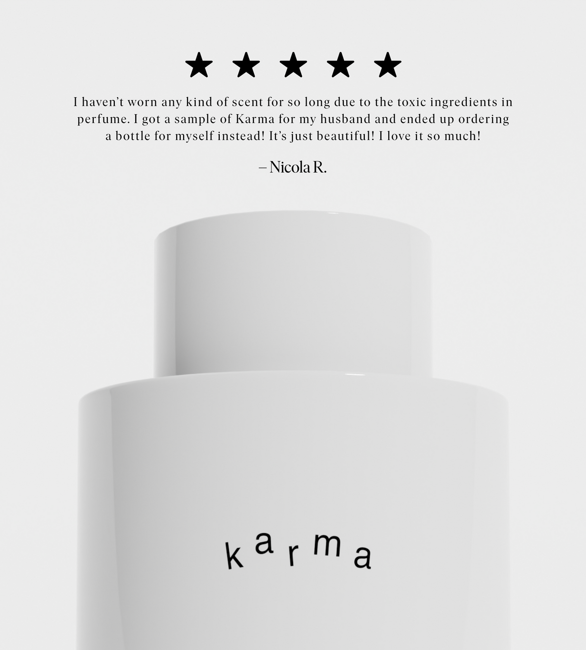 Five-star customer review of Jack Henry Karma above a close-up of the bottle