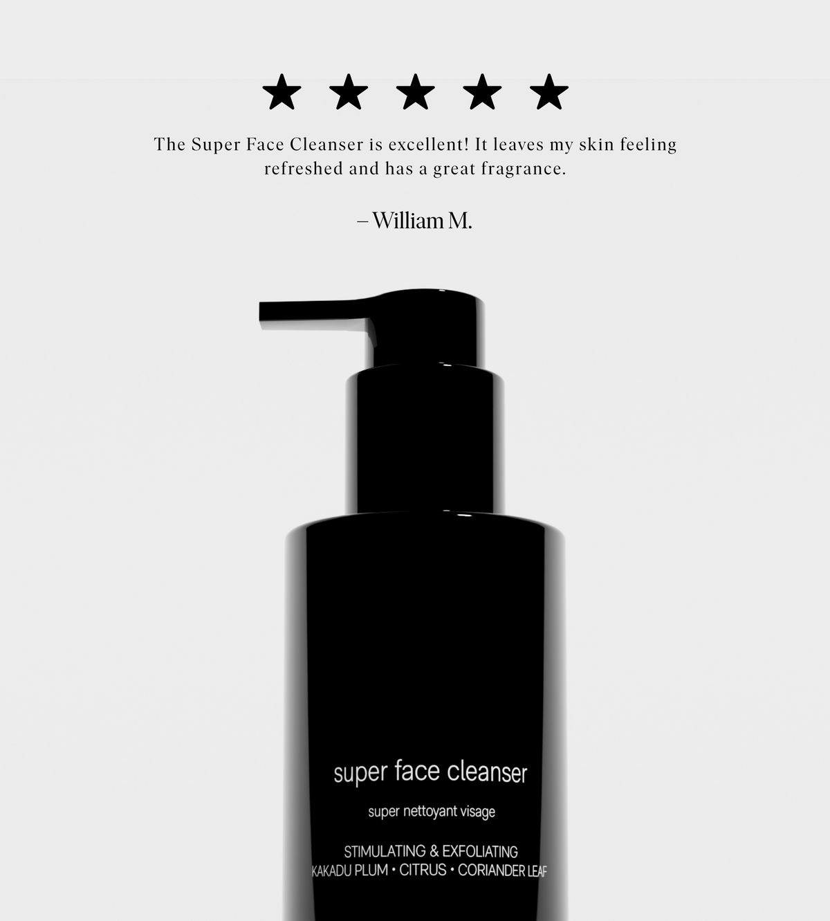 Five-star customer review of Jack Henry Super Face Cleanser above the pump bottle