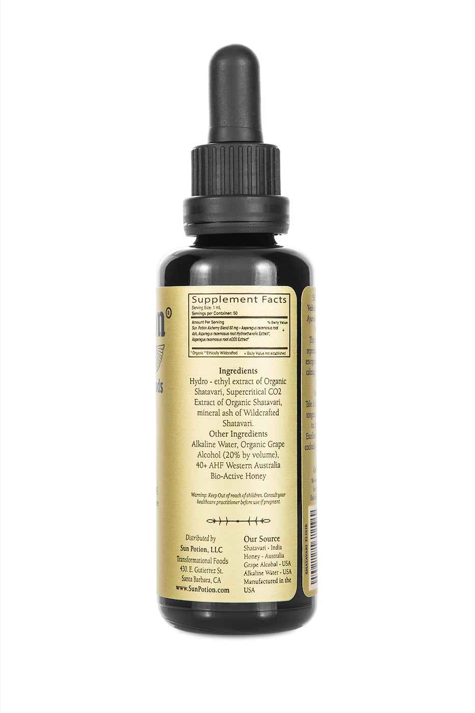 Back of the Sun Potion Shatavari Transcendent Elixir bottle with supplement facts and ingredients