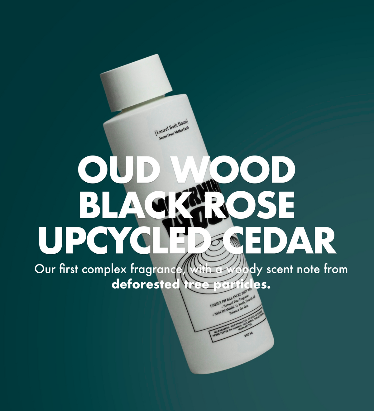 Laurel Bath House Mourning Wood body wash with oud wood, black rose and upcycled cedar text