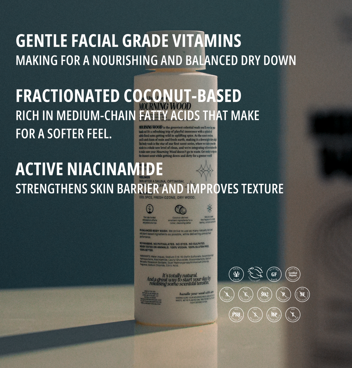 Laurel Bath House Mourning Wood body wash benefits: facial grade vitamins, coconut-based and active niacinamide