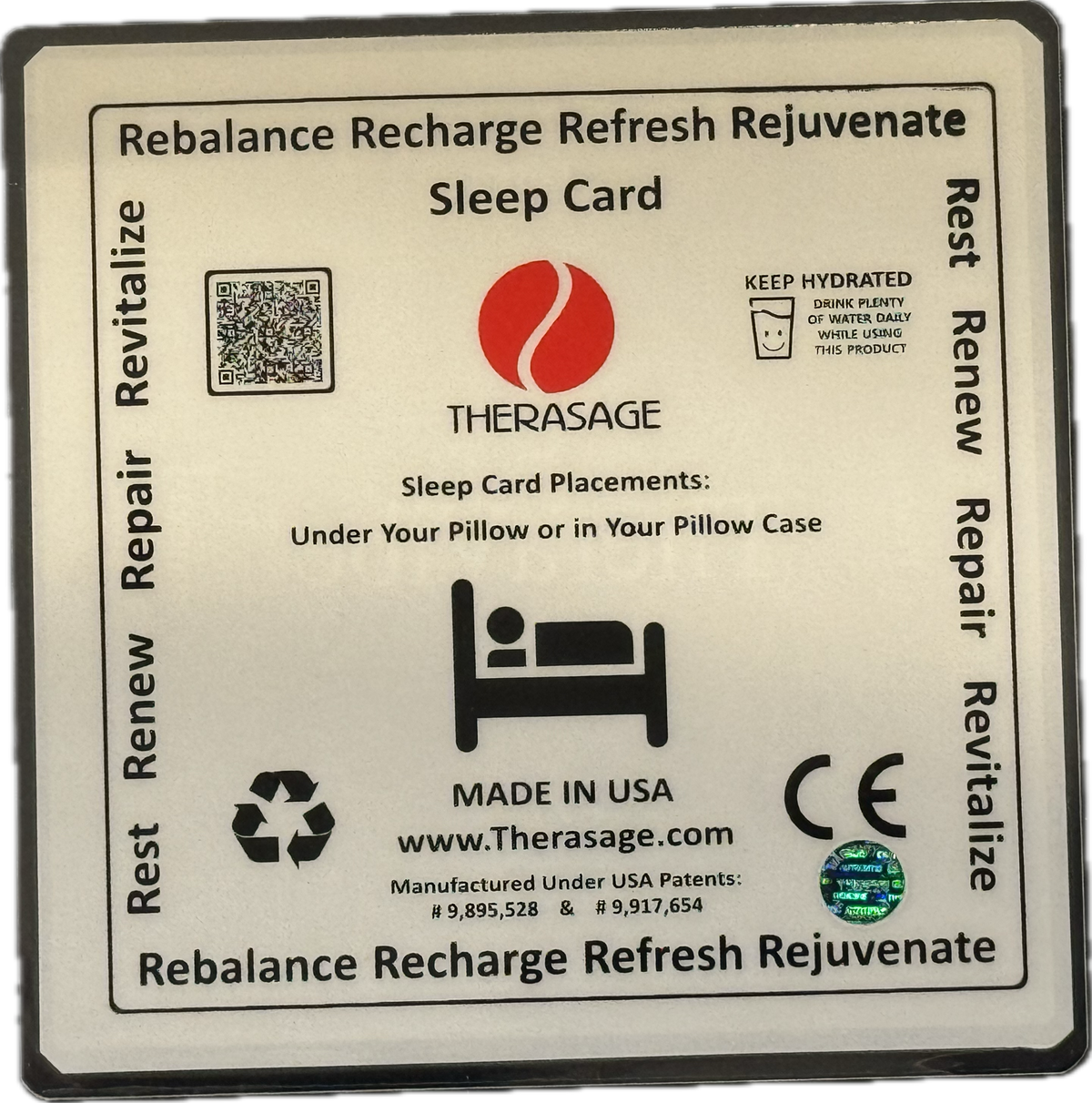 Back of the Therasage Sleep Card with placement instructions for under a pillow, made in USA