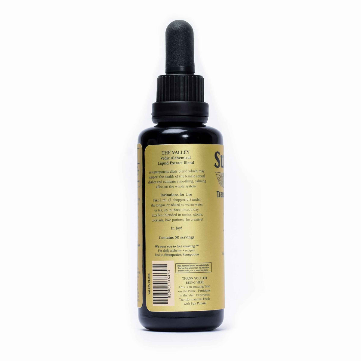 Side of the Sun Potion The Valley Transcendent Elixir bottle with instructions for use and barcode