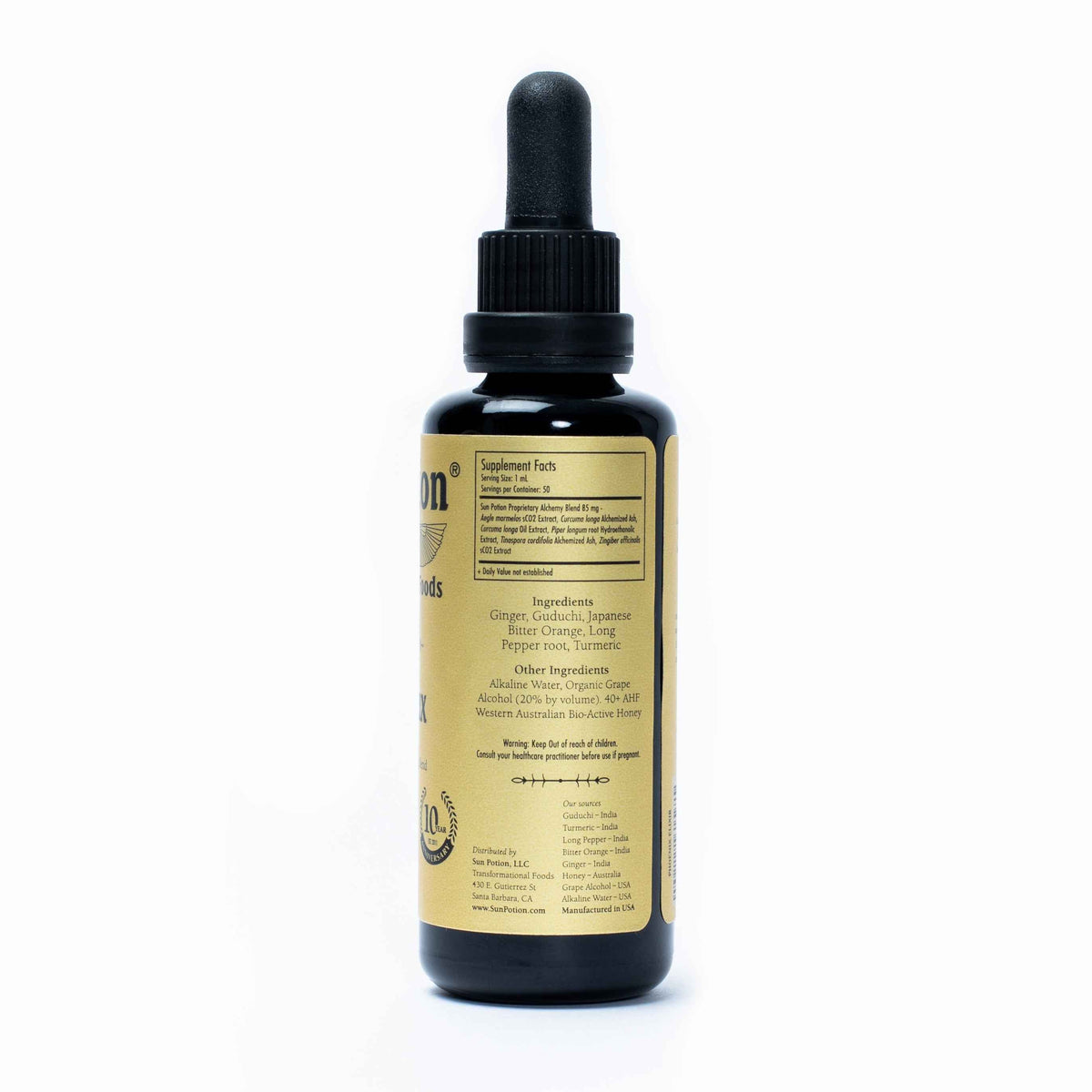 Back of the Sun Potion The Phoenix Transcendent Elixir bottle with supplement facts and ingredients
