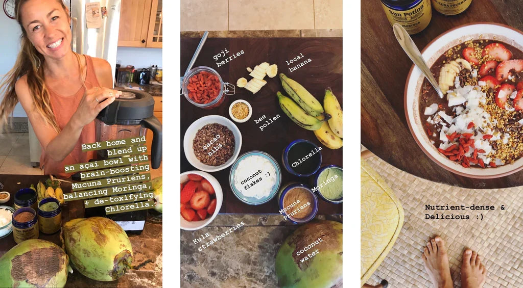 Instagram stories collage of a woman making an acai bowl with Sun Potion Chlorella and its ingredients