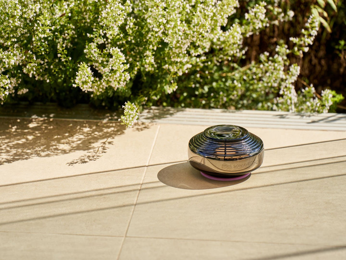 Somavedic Anthracite on a sunny garden patio beside flowering shrubs