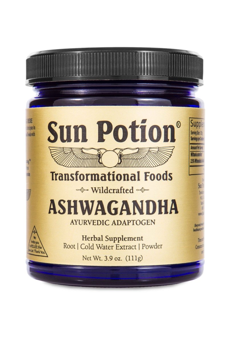 Sun Potion Wildcrafted Ashwagandha jar, 3.9 oz cold water extract powder, front view