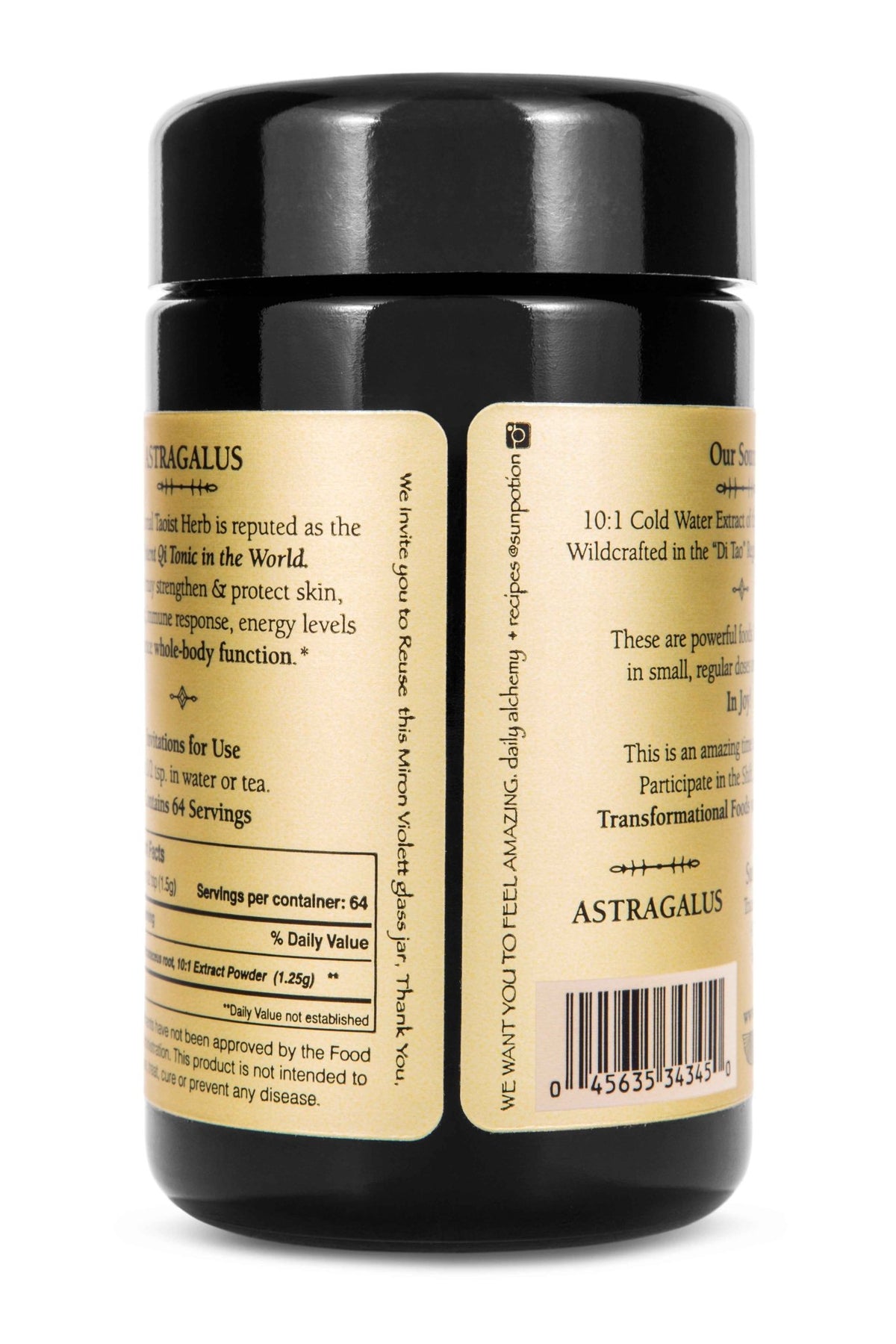 Back of the Sun Potion Astragalus jar with two label panels for usage and supplement facts