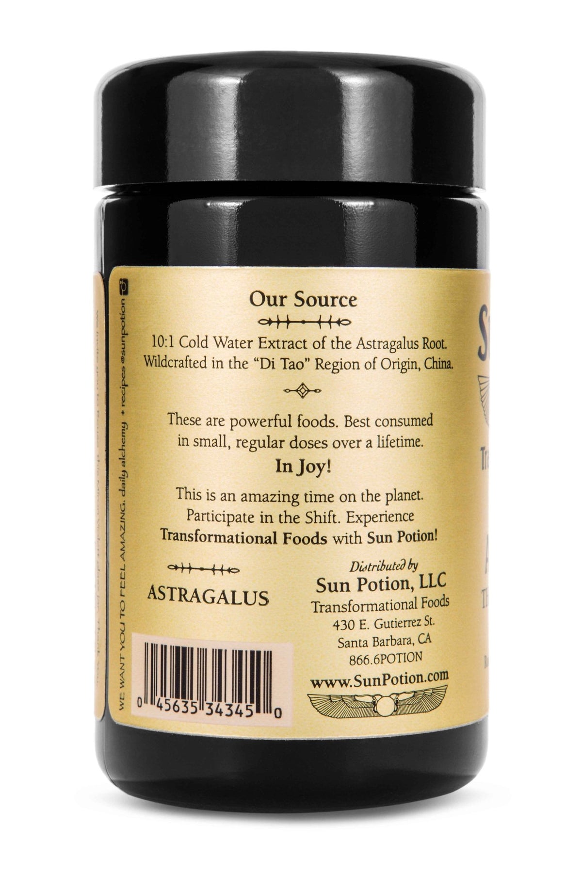 Back of the Sun Potion Astragalus jar with the Our Source note and barcode