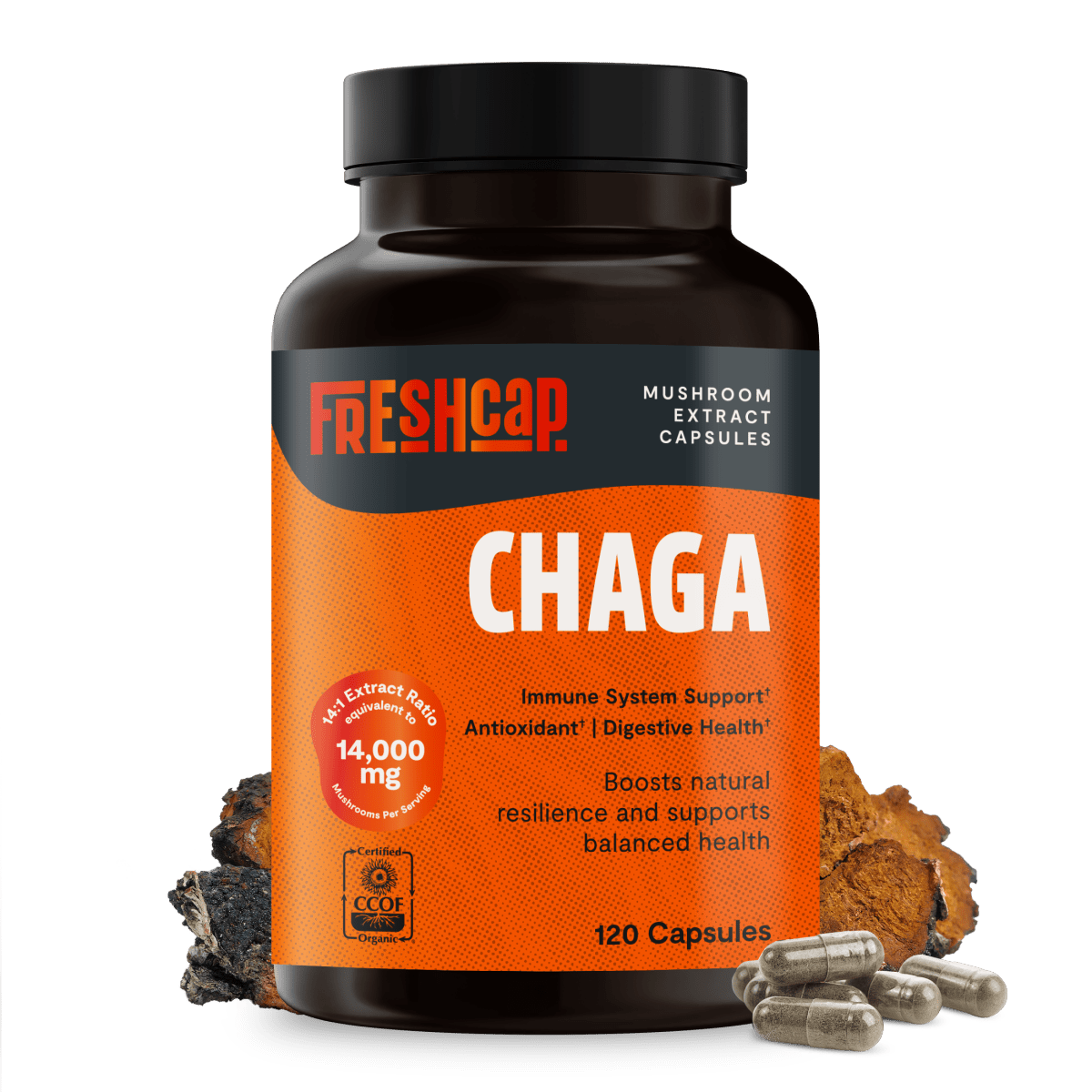 FreshCap Mushrooms Chaga Capsules bottle: immune system support, antioxidant, digestive health, 14,000mg, 120 capsules
