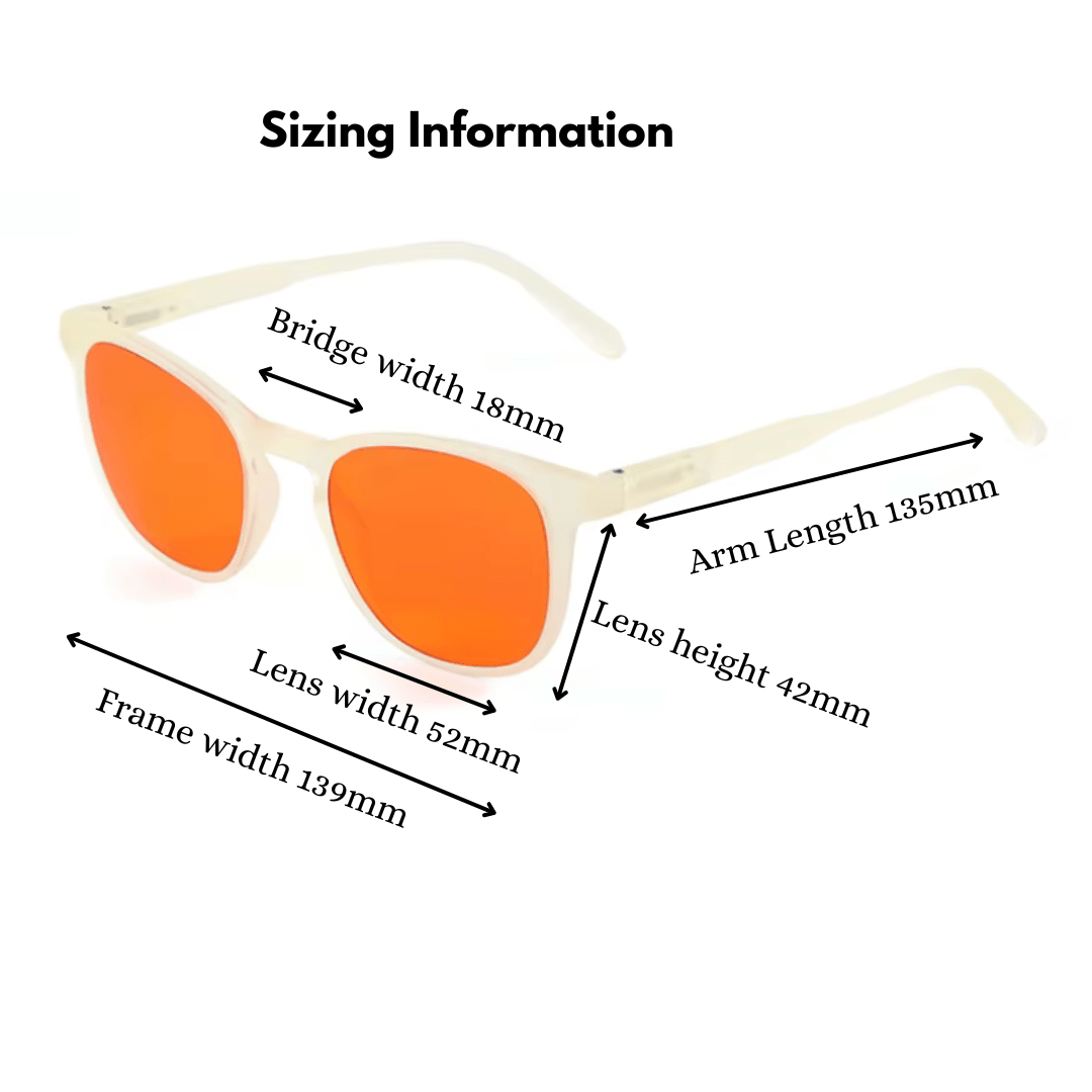DreamWalkerz Cloudwalkerz Sleep Glasses sizing: bridge 18mm, lens width 52mm, lens height 42mm, arm 135mm, frame 139mm