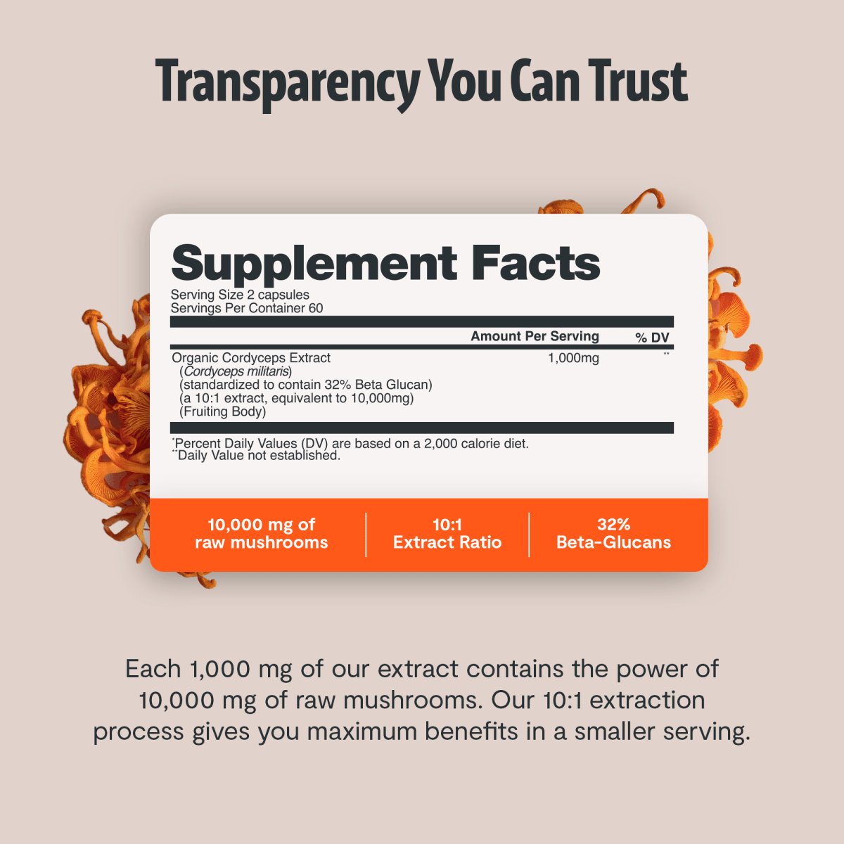 FreshCap Mushrooms Cordyceps Capsules transparency: supplement facts, 10,000mg raw mushrooms, 10:1 extract, 32% beta-glucans