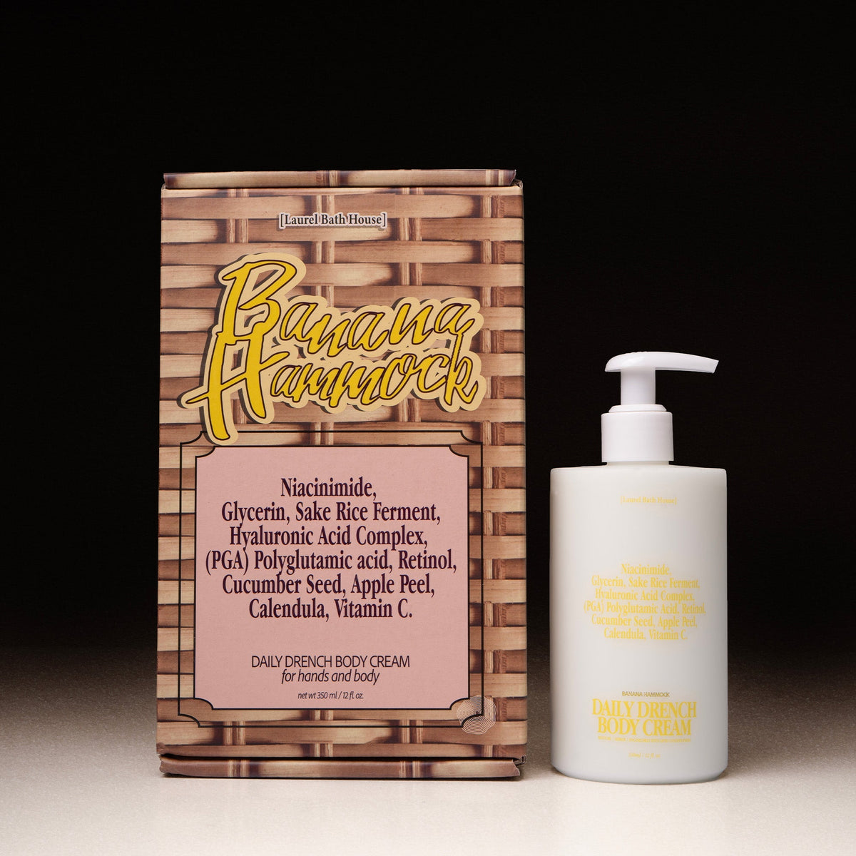 Laurel Bath House Banana Hammock Daily Drench Body Cream pump bottle beside its woven-pattern box