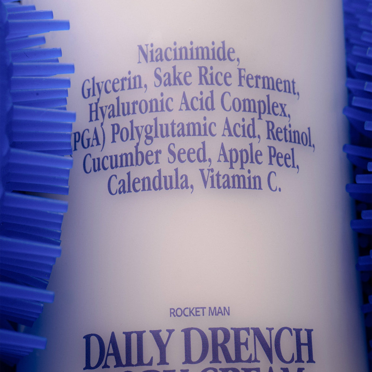 Close-up of the Laurel Bath House Daily Drench Body Cream ingredient list on the Rocket Man bottle
